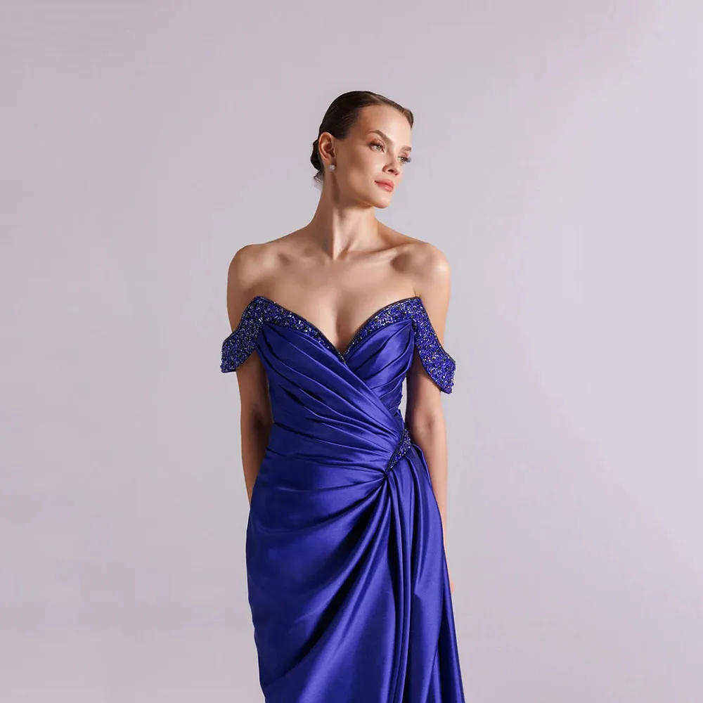 Suknie wieczorowe z satyny na zamówienie, eleganckie suknie na formalne okazje, suknie balowe z odkrytymi ramionami, suknie balowe do ziemi zdobione koralikami i kryształami.