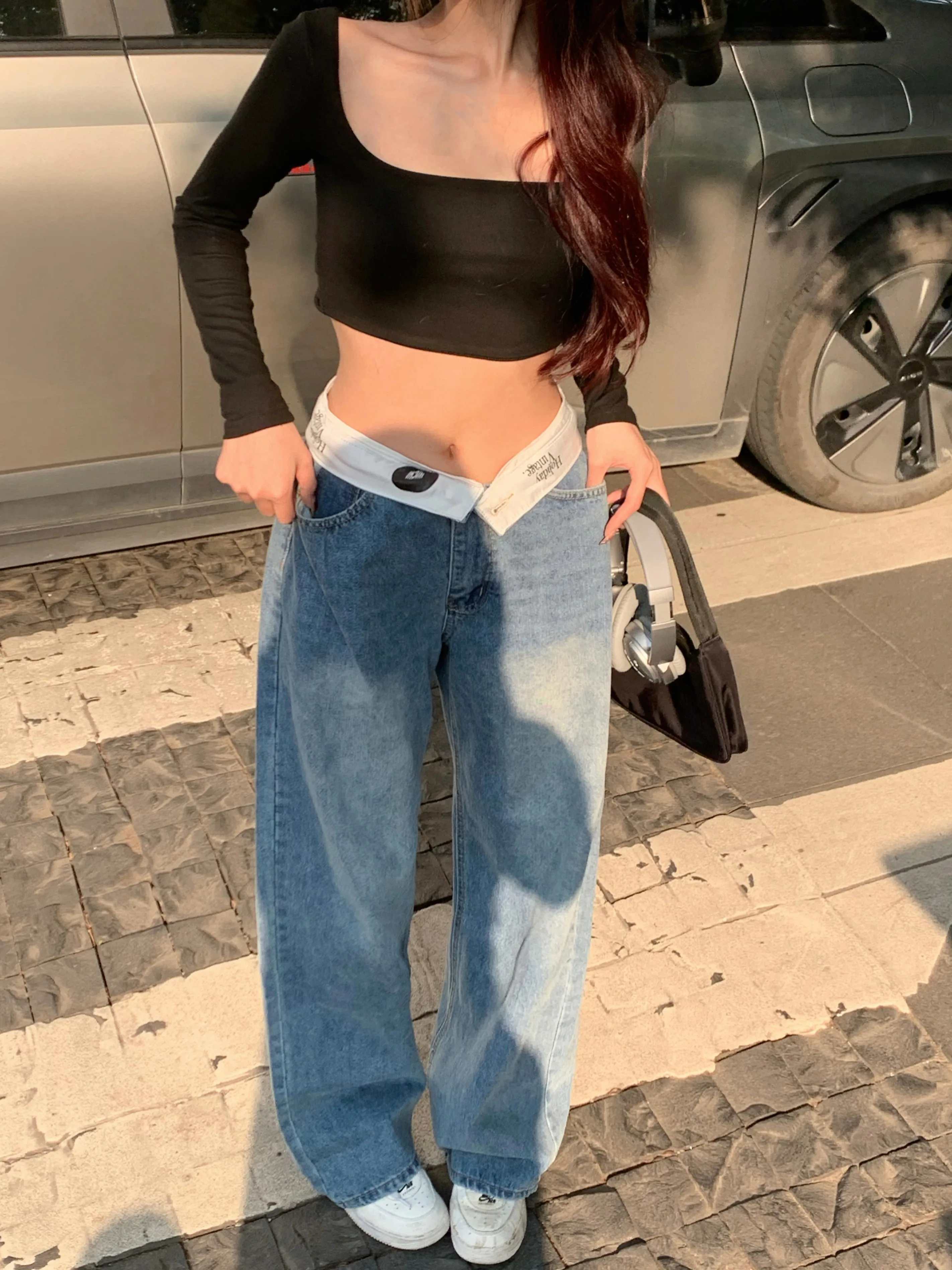 American Retro Cuffed Denim High Waist Wide Leg Pants Women's Fall Slimming Straight Cut Long Trousers Casual Blue Jeans