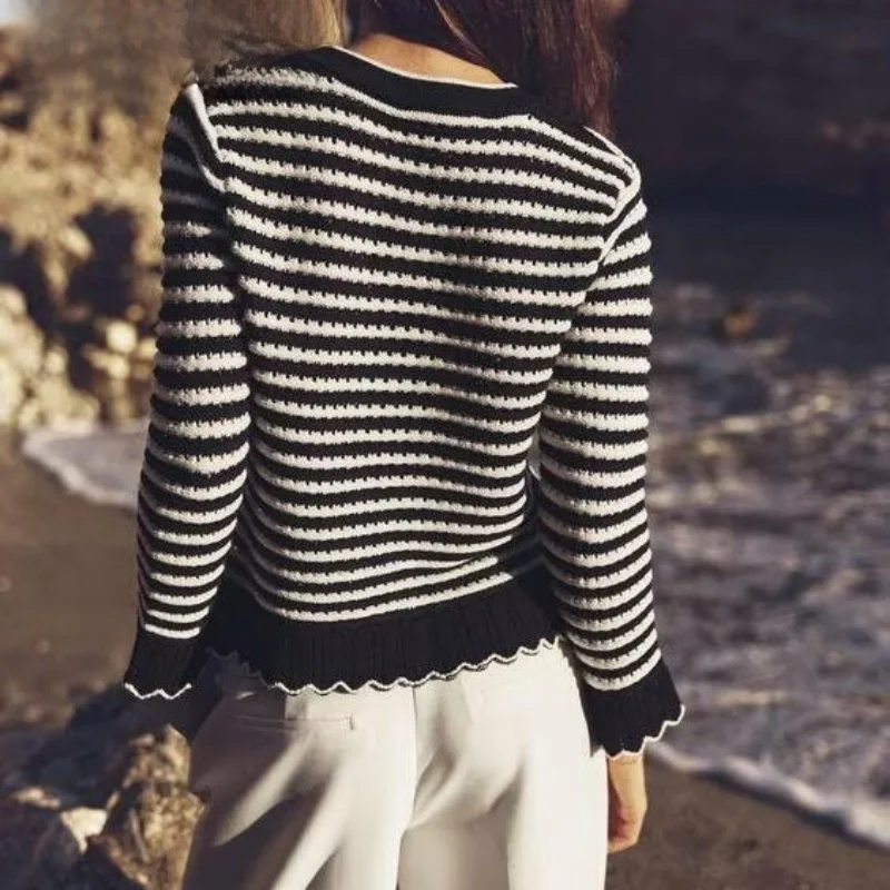 

Spring New Arrival Women's Knitted Long Sve round Ne Striped Sweater Outerwear Layered Hollow out Design Commute Sle