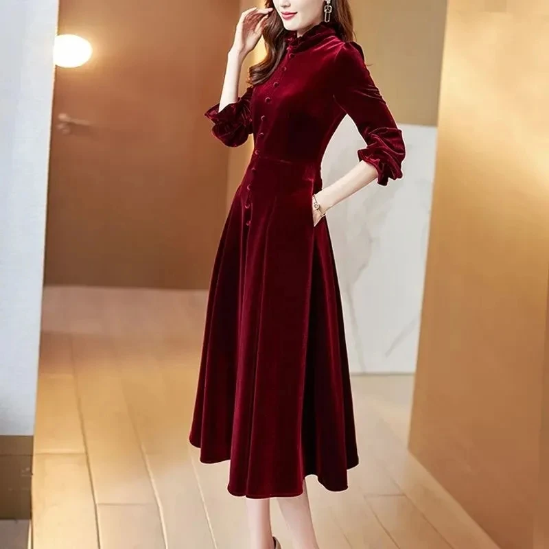 Wine Red Golden Velvet Dress Women Spring Autumn Long Sleeved Long Dresses Female Temperament Evening Party Dress Mujer Vestidos