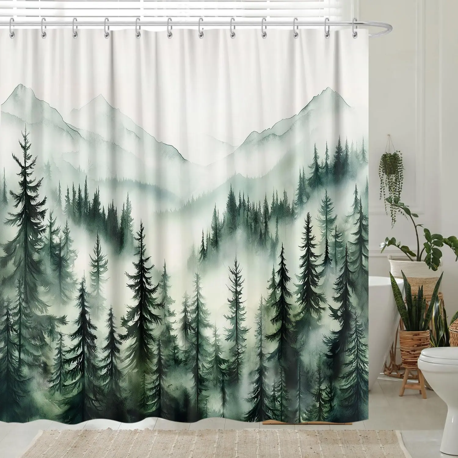 Rustic Forest Mountain Shower Curtain, Cool Misty Foggy Green Forest Woodland Pine Tree Nature Shower Curtain for Mens Bathroom