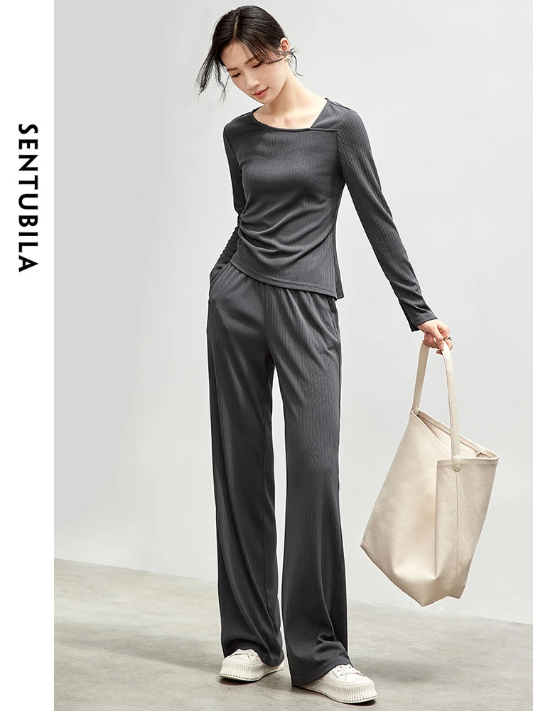 

SENTUBILA Knit Sporty Pant Set Women 2024 Autumn Asymmetric Skew Collar Top Straighr Full Length Pants Two Piece Set 143Z56582