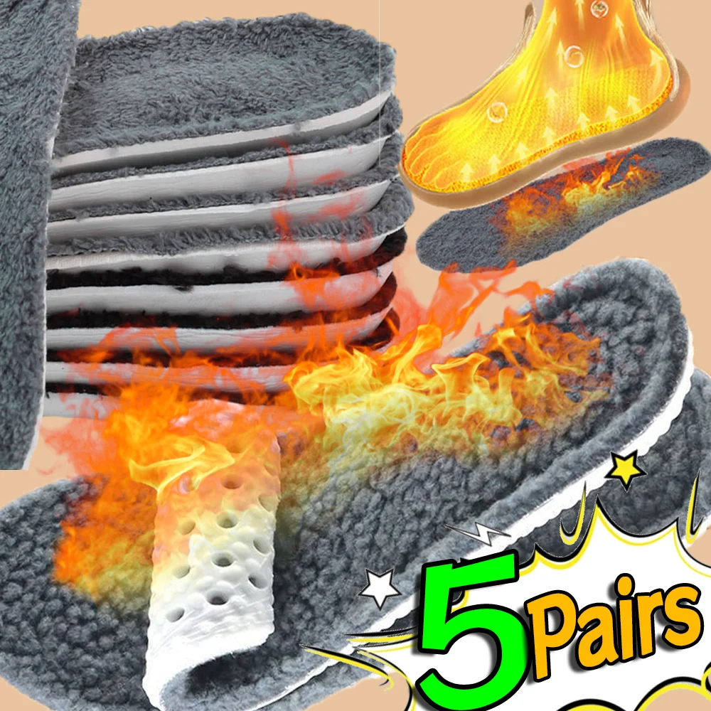 5 Pairs Winter Warm Thermal Insoles High Elastic Foot Wool Thermal Memory Foam for Men Women Sports Shoes Self-heating Shoe Pads