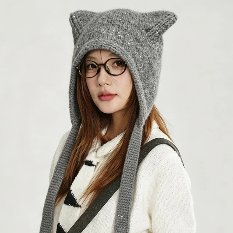 Women Glitter Yarn Knitted Cat Ear Pullover Hats Korean Style Winter Warm Earflap Beanies Casual Fashion Long Strap Cold Hat