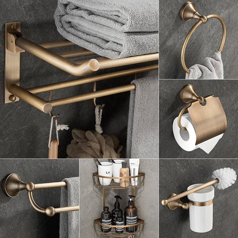All-copper antique towel rack, retro bathroom hardware pendant set, no punching, bath towel rack, simple bathroom rack.