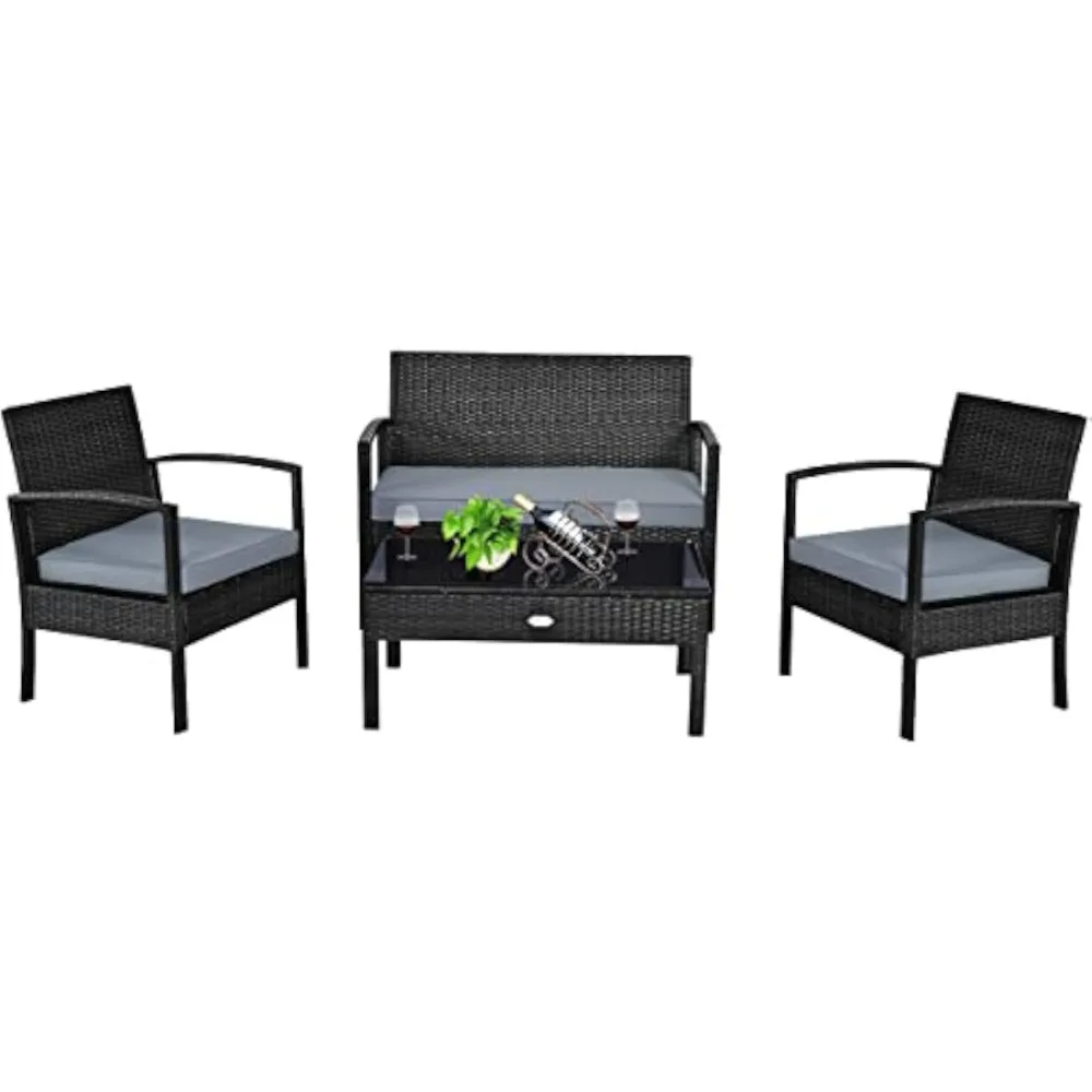 

4PCS Patio Rattan Furniture Set, Outdoor Wicker Conversation Set with Tempered Glass Coffee Table, Seat Cushions