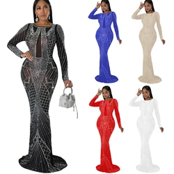 Women's Sexy Shining Mesh Perspective Water Diamond Long Celebrity Party Maxi Dress Women's Long Sleeved O-neck Evening Dress