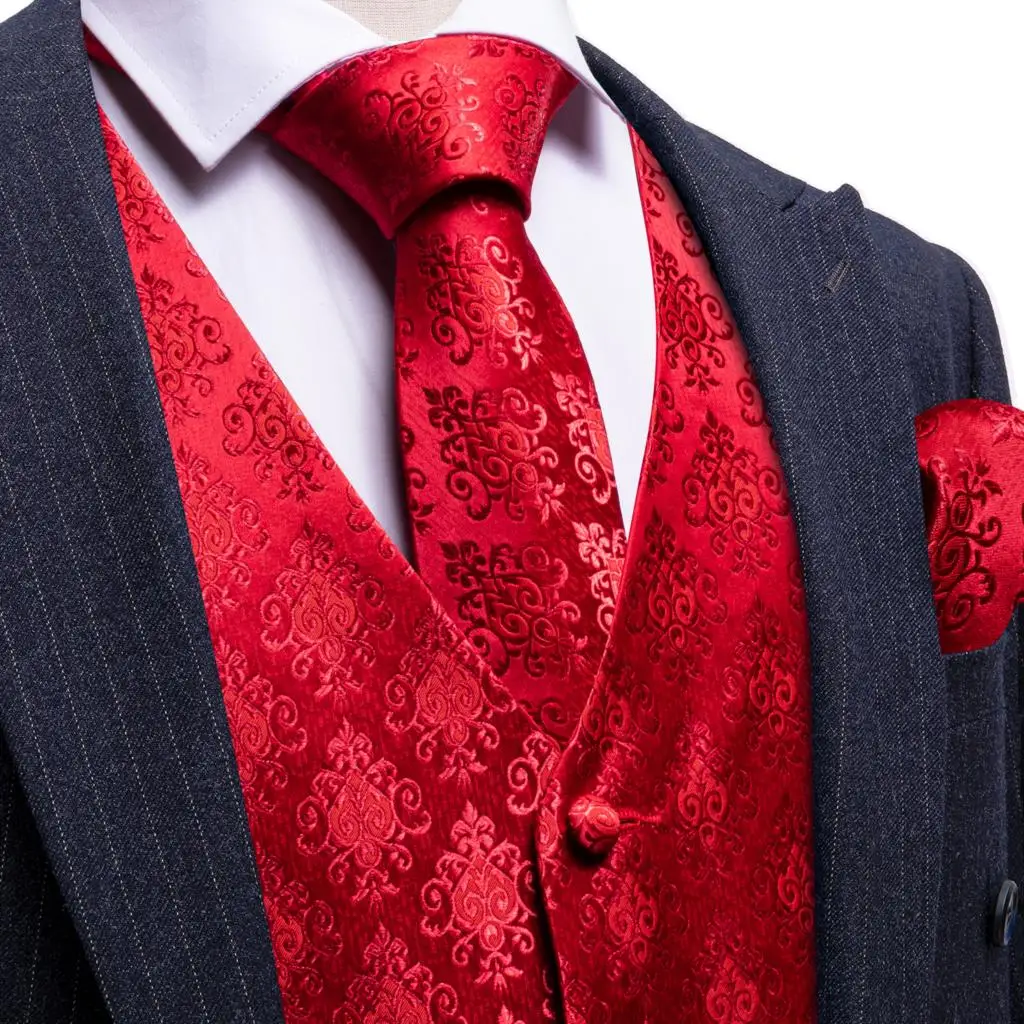 Luxury Wedding Red Vest Silk Floral Waistcoat Tie Set Party Sleeveless Jacket Socal Formal Suites V Necktie Gift  Barry Wang