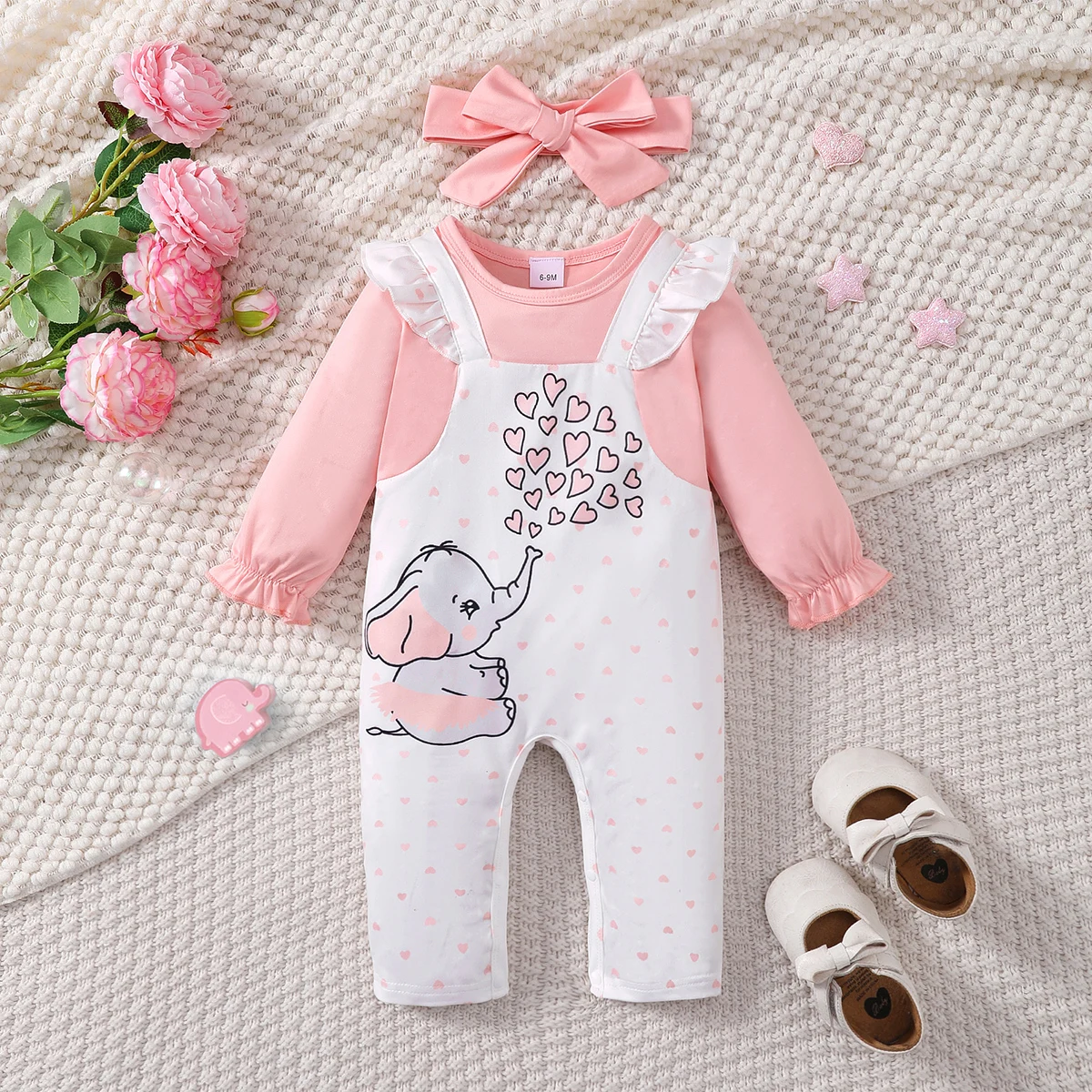 2Pcs Baby Girl Clothes Elephant Heart Print Long Sleeve Jumpsuit Ruffle Outfit+Bow Headband for 0-18 Months Cute Infant Clothes
