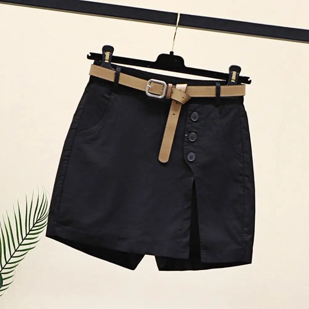 Women High Waist Shorts High Waist Women's Skirt Shorts Button Decor Side Split Above Knee Length Fake Two Piece Shorts Pants