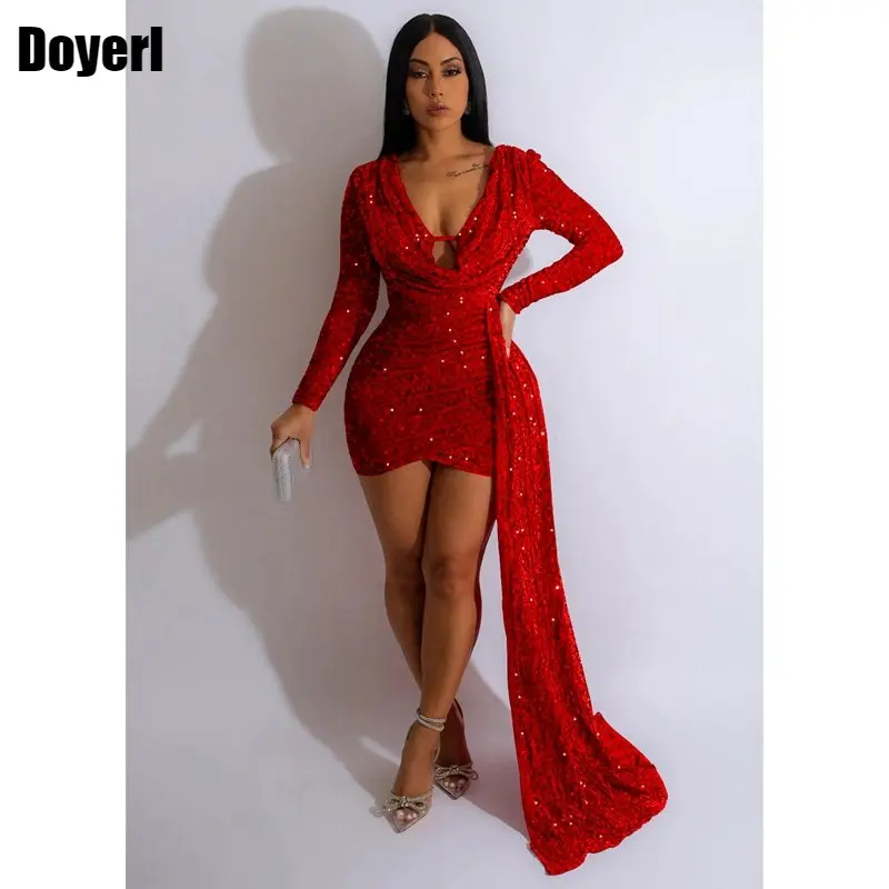 Sparkly Luxury Sequin Evening Dress Short Woman Elegant Mini Long Sleeve Strap Ruched Bodycon Birthday Party Dress Sexy Clubwear