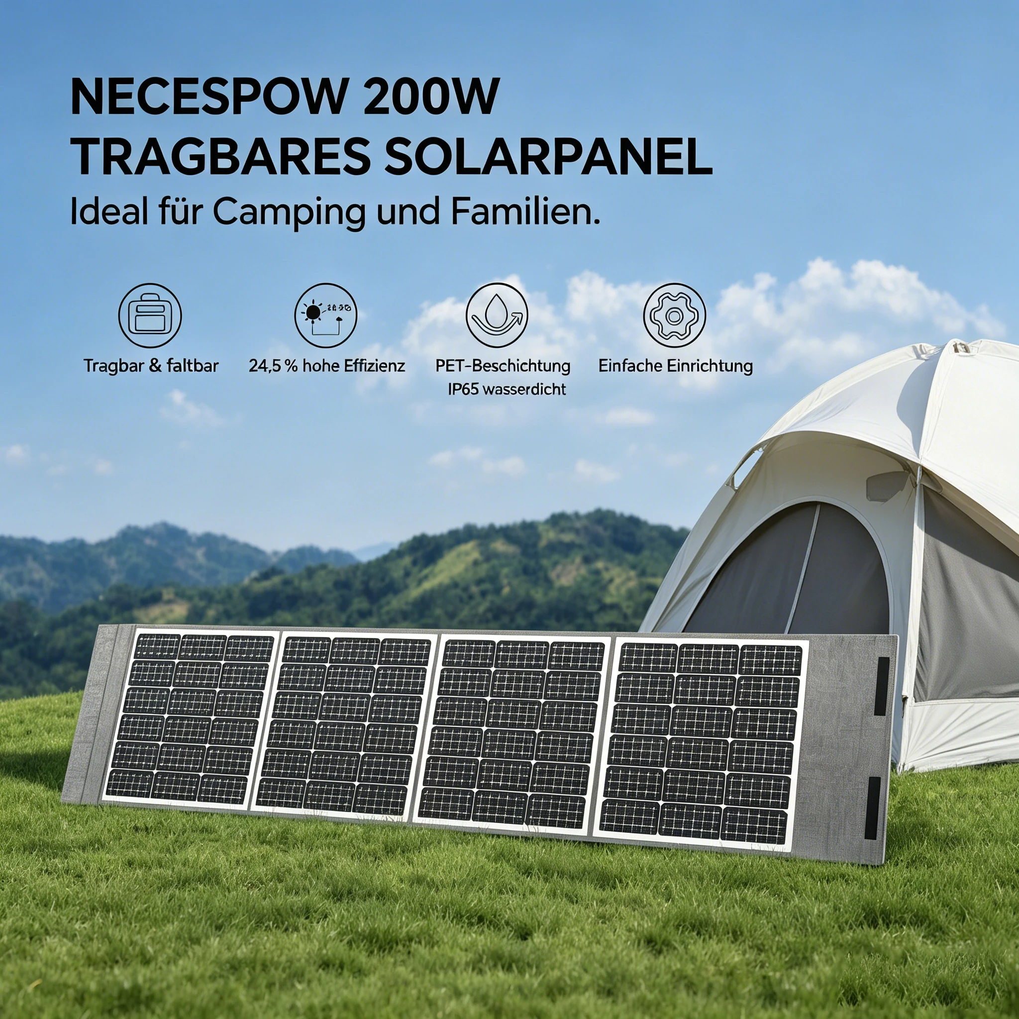 NECESPOW 200W Tragbares, faltbares PET-Solarpanel, IP65 wasserdichtes Solarladegerät für Powerstation, Generator, Outdoor-Camping, Wohnmobil, Reisen, Notstromversorgung