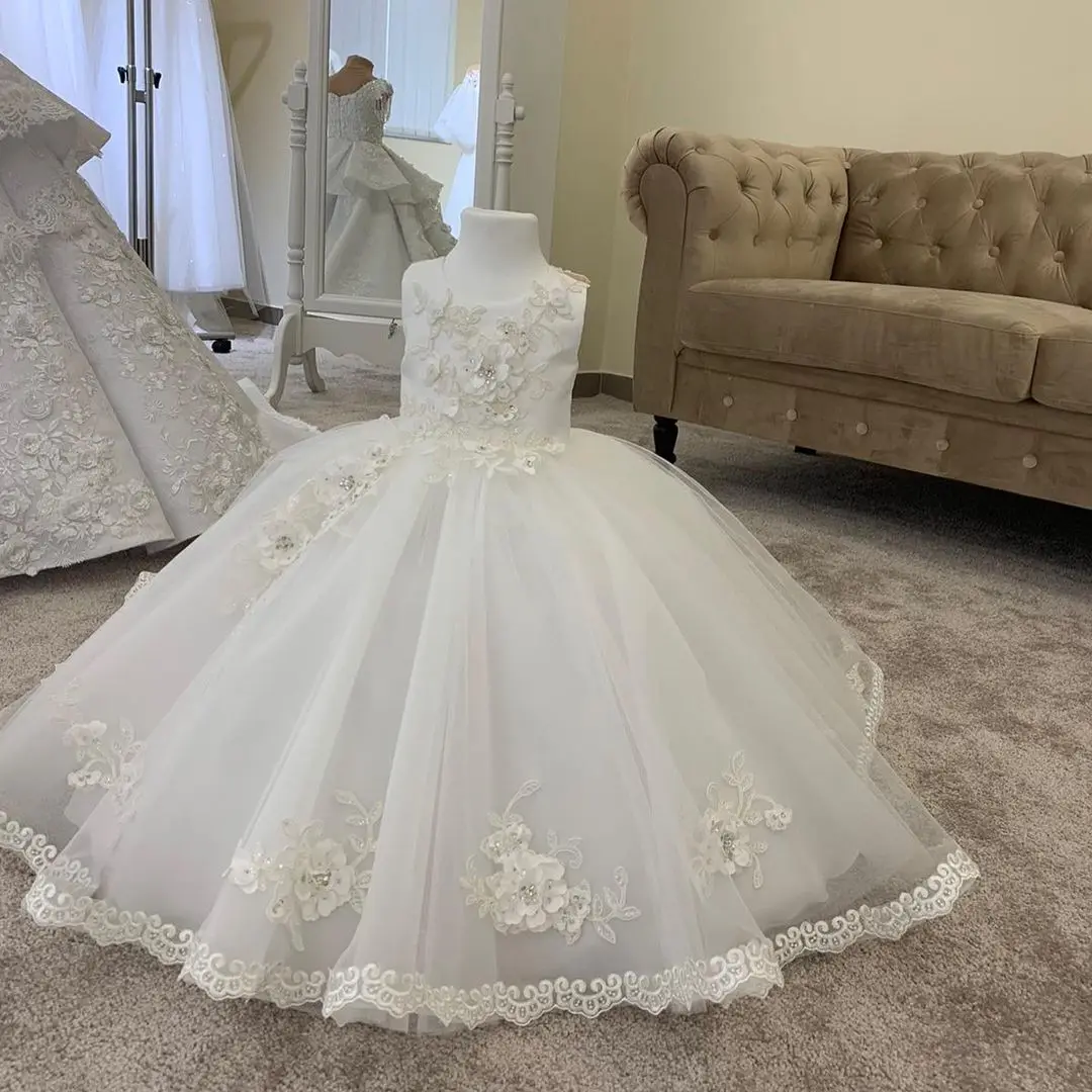 Lace Tulle Flower Girl Dress Bows Children's First Communion Ball Gown Princess Wedding Party Little Bridesmaid Dresse