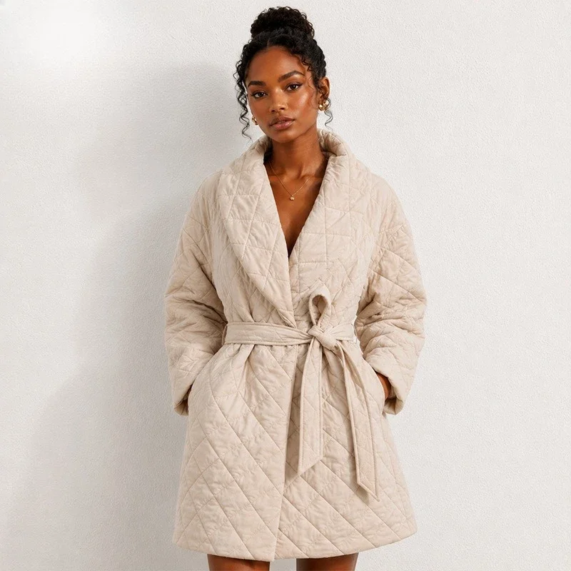 Belted Women's Quilted Padded Coat Mid-Length Lapel Tie Waist Trendy Fashion Classic Cozy Warm Soft Chic New Outerwear Coats