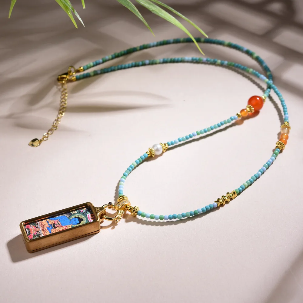 New Chinese Style Magnesite Turquoise South Red Agate Thangka Necklace Crystal Clavicle Chain for Women Gifts