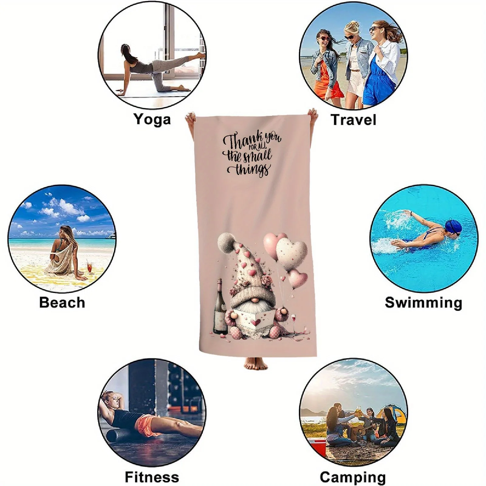قطعة واحدة من من منشفة الشاطئ المصنوعة من الألياف الدقيقة سريعة الجفاف - تصميم "شكرًا لك على جميع الأشياء" مع جنوم وقلوب، خفيف الوزن وماص لـ Poo #4