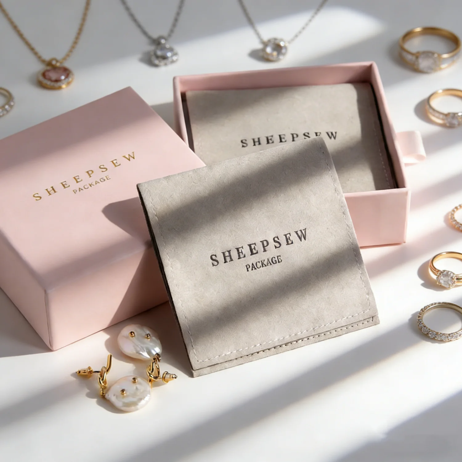 

SHEEPSEW Custom Logo Sliding Jewelry Box With Suede Microfiber Pouch Earring Bracelet Gift Box