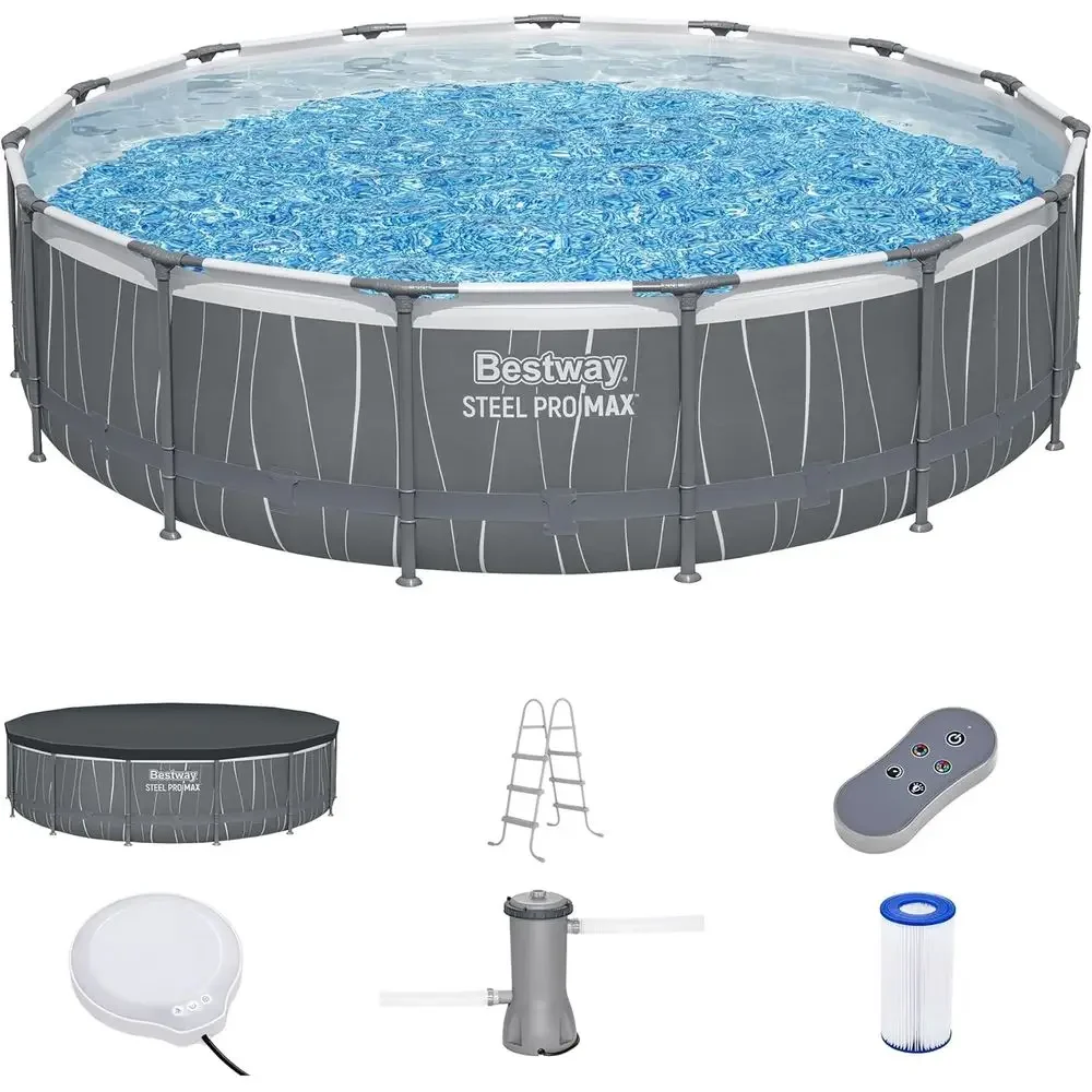 15' x 42 Round Above Ground Swimming Pool Set with LED Light, Filter Pump, Ladder, and Cover, Gray