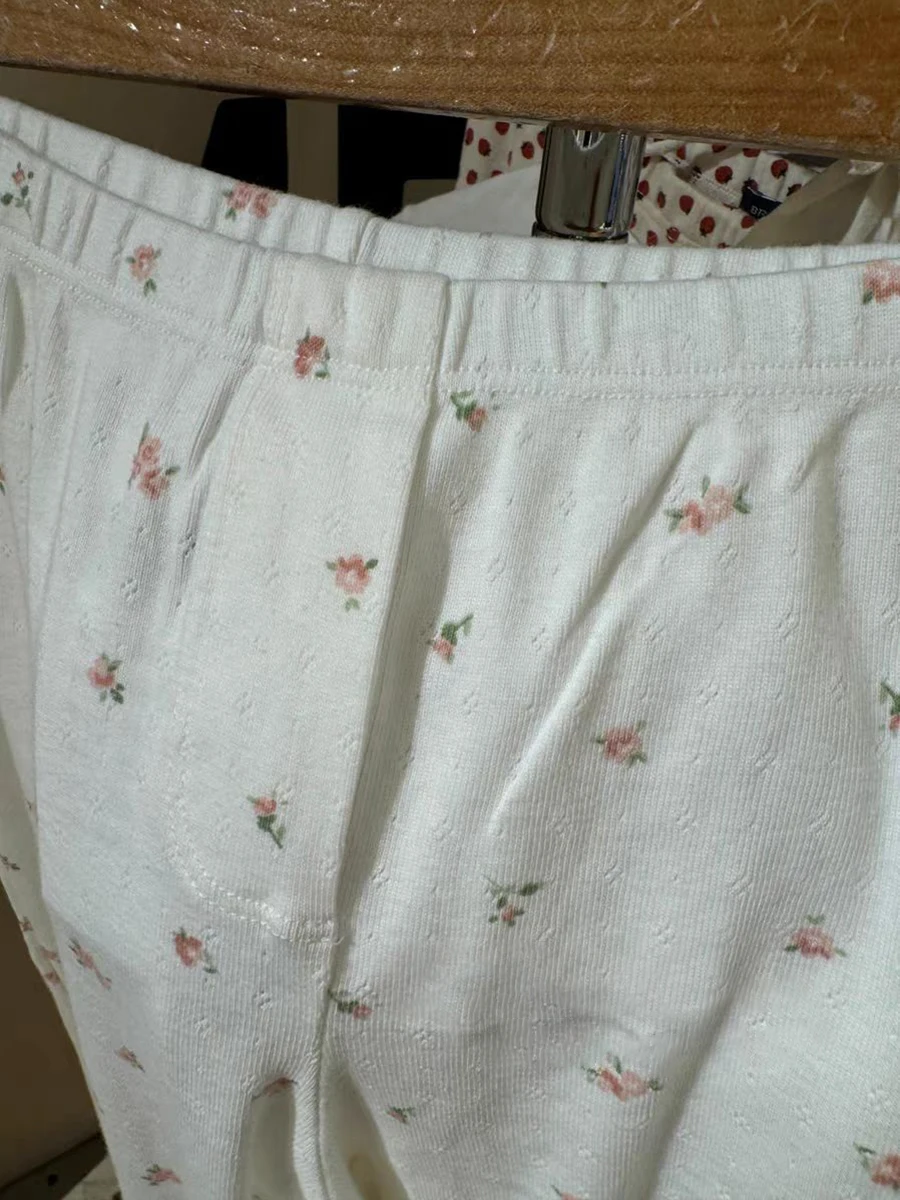 Calça reta de ilhó floral vermelha feminina, calça casual de algodão de cintura alta, pijama vintage doce lar, calça longa, outono, Y2K