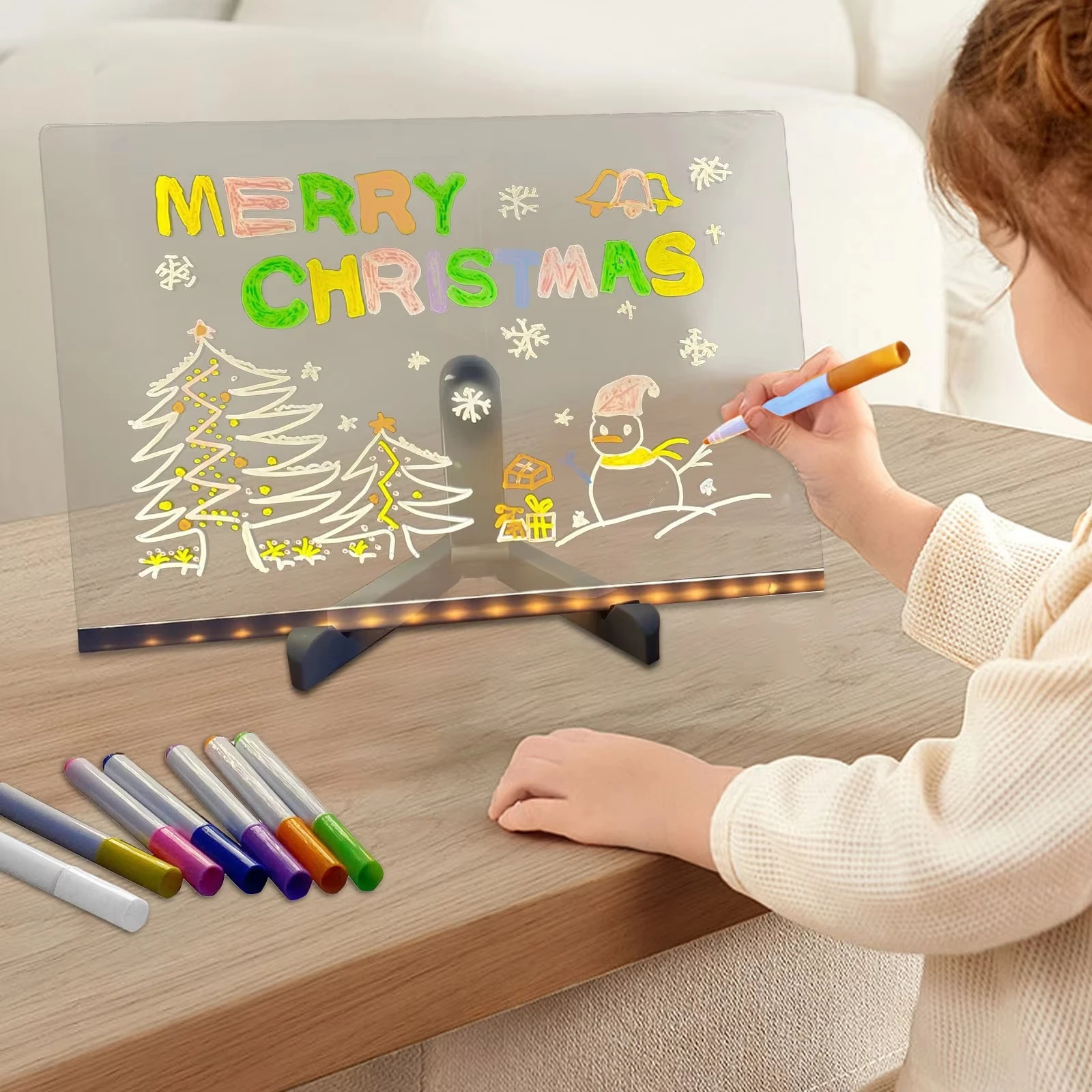 LED Notepad Board Erasable Painted Acrylic Doodle with Light Colorful 7 Pens Diy Drawing Painting Night Light Kids Birthday Gift