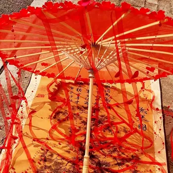 웨딩 고대 Hanfu 리본 꽃 파라솔, 맑은 중국 레이스 우산 코스프레 소품 붉은 진주 꽃 모스키노 여성 파라과이