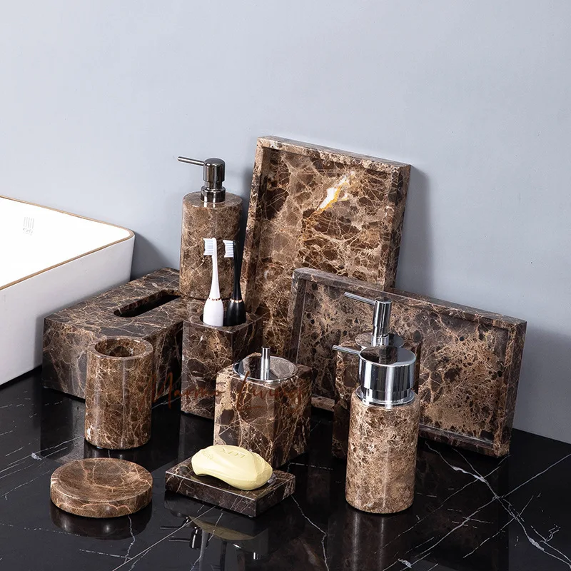 

Emperador Dark Natural Marble Bathroom Set Brown Luxury Toothbrush Holder Soap Dish Soap Dispenser Bathroom Accessories