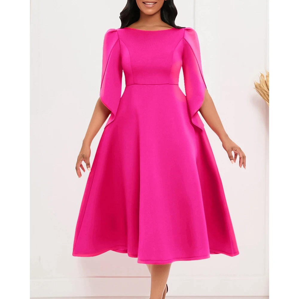 

Elegant Birthday Women Midi Party Vestidos O Neck Puff Sleeve Large Swing Formal Dress Femme Empire Waist Evening Dresse