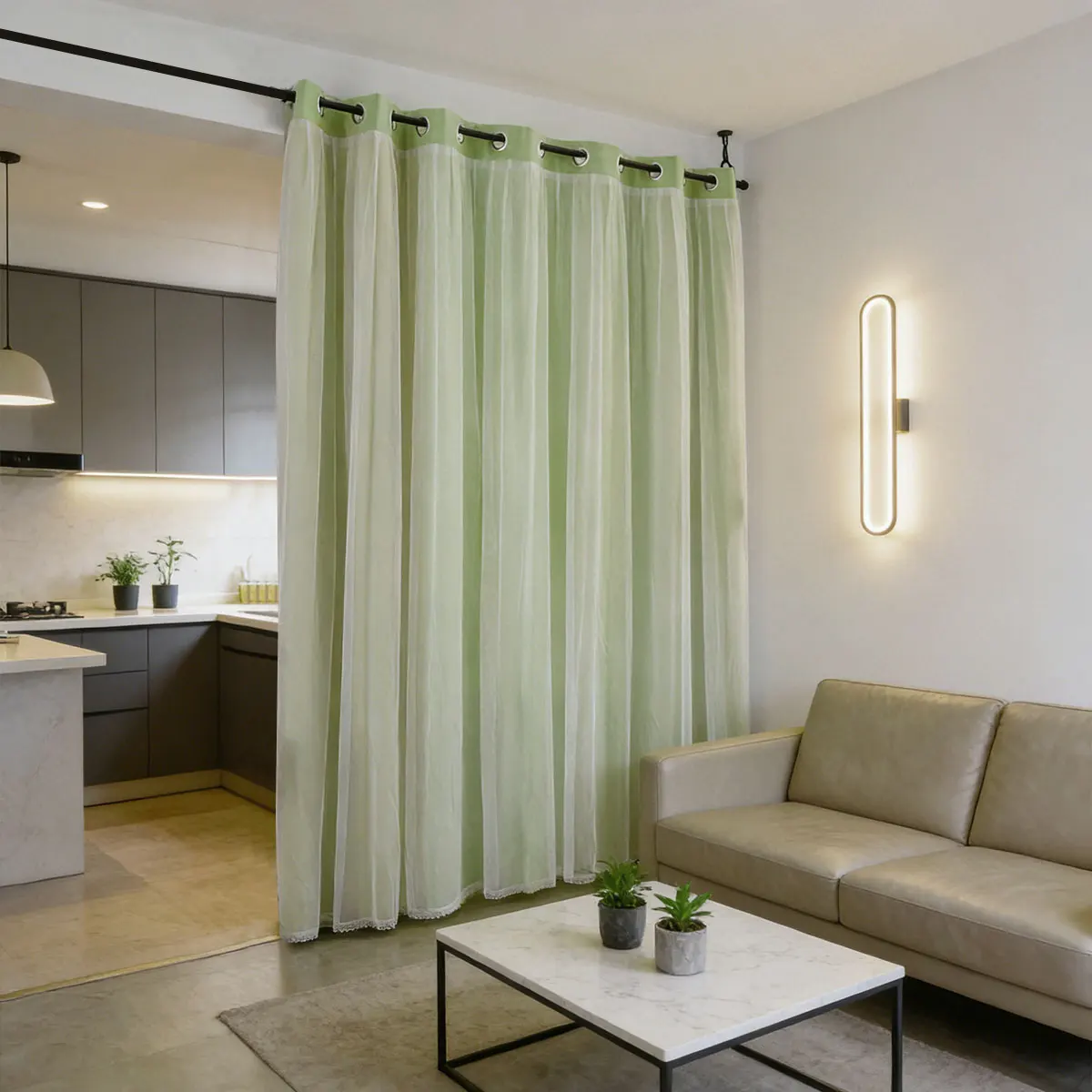 Light Green Grommet Double‑Layer Partition Curtain 1pc, Sheer Combo Room Divider for Kitchen Living Room Entryway