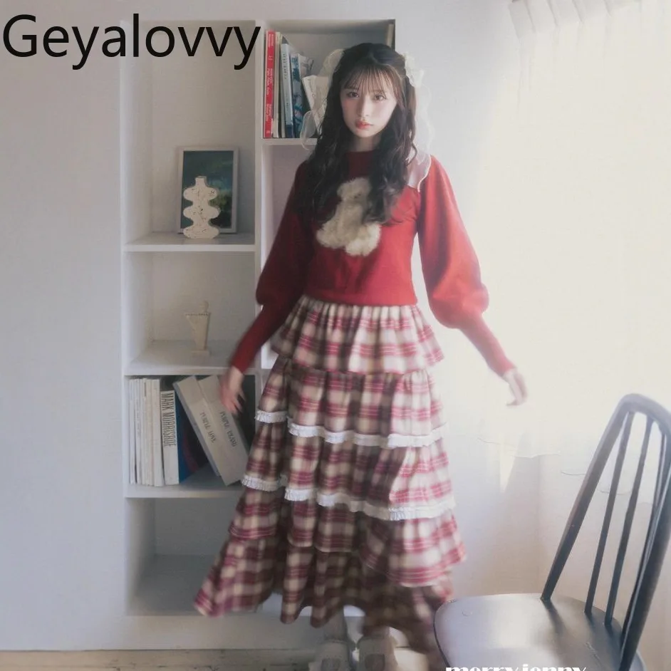 Estilo japonés dulce Retro a cuadros multicapa volante falda larga encaje Patchwork esponjoso Otoño Invierno cintura alta pastel Maxi faldas