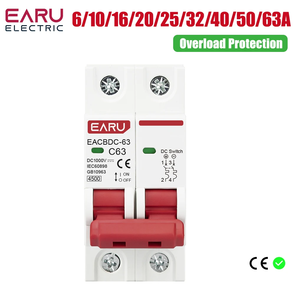 

DC 1000V Solar Mini Circuit Breaker Overload Protection Switch 6A/10A/16A/20A/25A/32A/40A/50A/63A 2P DC1000V Photovoltaic MCB PV