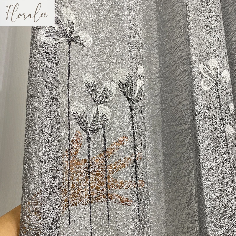 High-end grey embroidered bird's yarn luxury curtains for living room bedroom window screen embroidered hollow jacquard tulle
