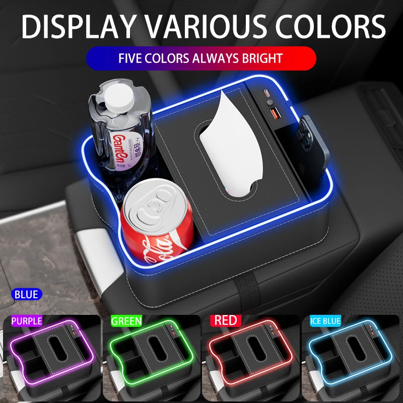 Car Armrest Storage Box Holder 7 Colours Changing LED Car Armrests Organizer Box With Type-C USB Charger Car Accessories