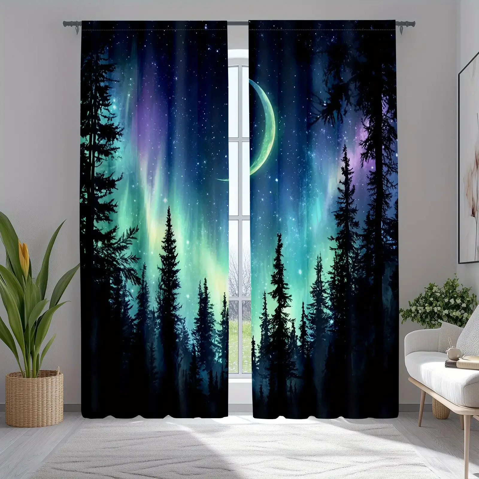 2pcs Aurora and Moonlight Galaxy Pattern Sheer Curtains – Made of Polyester, Ideal for Bedroom and Living Room Decor