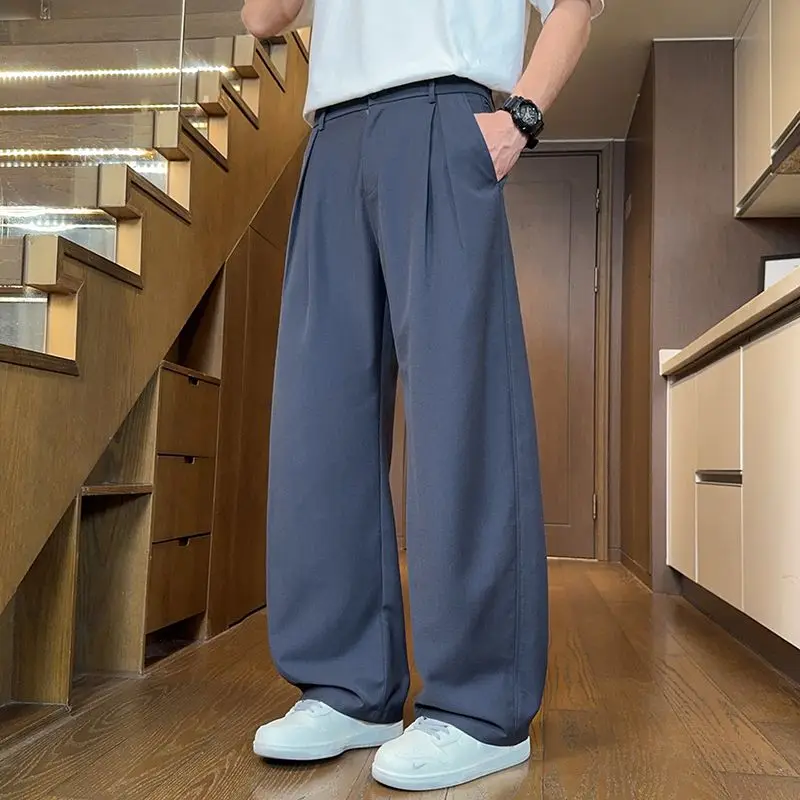 Men's Casual Wide Leg Pants Draped Feel Straight Cut Leisure Long Trousers Stylist Cleanfit High End Sensation