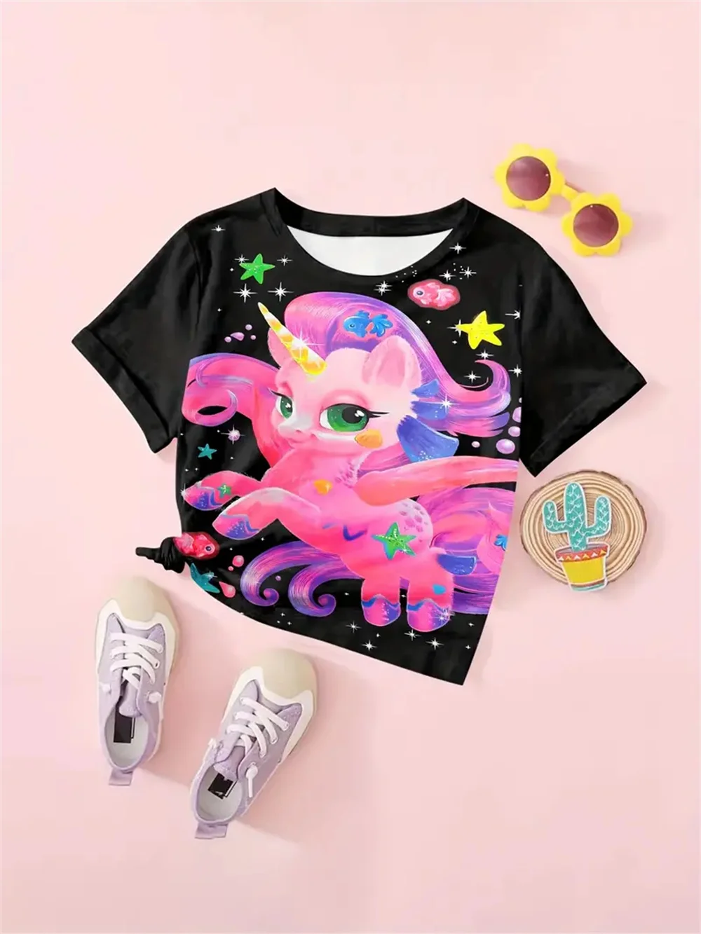 Camiseta infantil de manga curta estampada em 3D, tops casuais das meninas, roupas infantis, moda verão