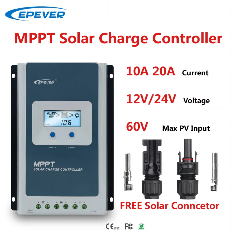 

EPEVER MPPT 10A 20A Solar Charge Controller 12V 24V Auto Max Open PV 60V Solar Charger Regulator Tracer1206AN 2206AN