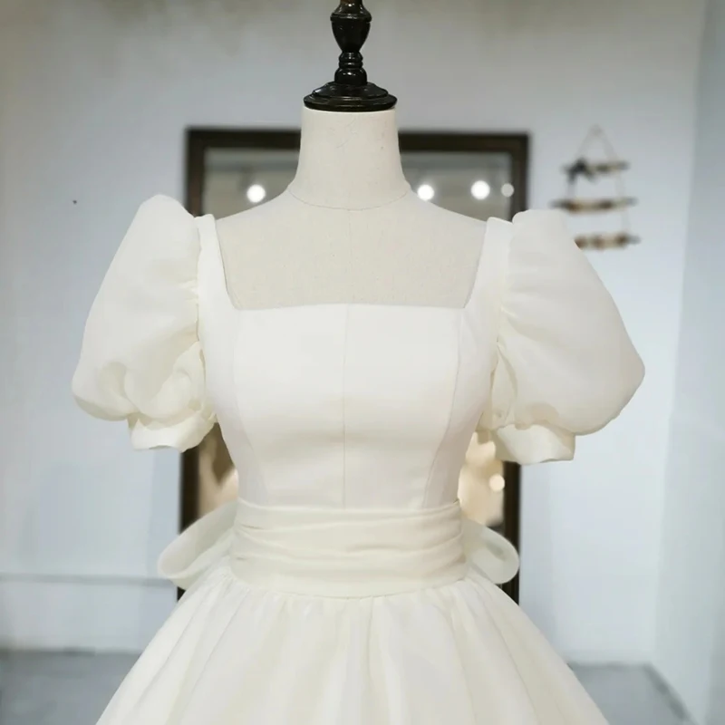 Korea Stijl Vierkante Hals A-lijn Puffy Mouwen Organza Backless Met Bow Kapel Train Lace-Up Trouwjurk Jurk Bridal jurk