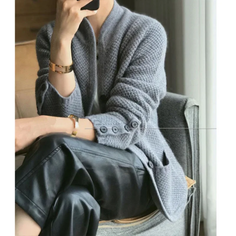 White Knitted Sweater Coat Thickened 100% Pure Cashmere Cardigan Women Stand Neck Sweater Loose Knitwear Elegant Sweater Jacket