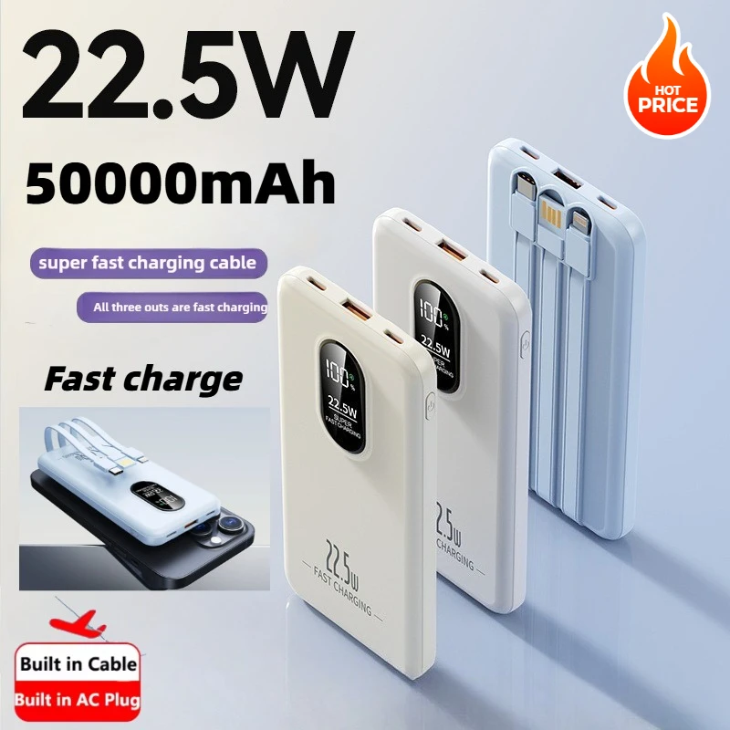 باور بانك محمول 22.5 وات 10000 مللي أمبير في الساعة، شحن سريع، شاشة رقمية، كابلات مدمجة لهاتف آيفون وسامسونج وهواوي وشاومي
