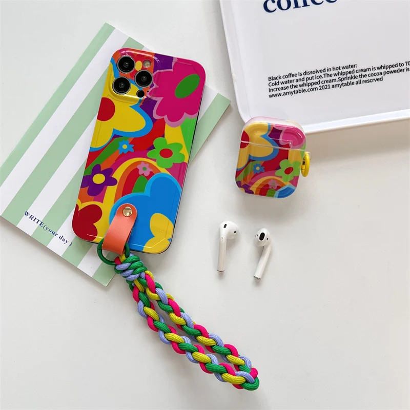 Outdoor Crossbody woven lanyard Graffiti flower case For iphone 13 14Pro 15 12 14pro max for airpods 3 1 2 Pro silicone cover