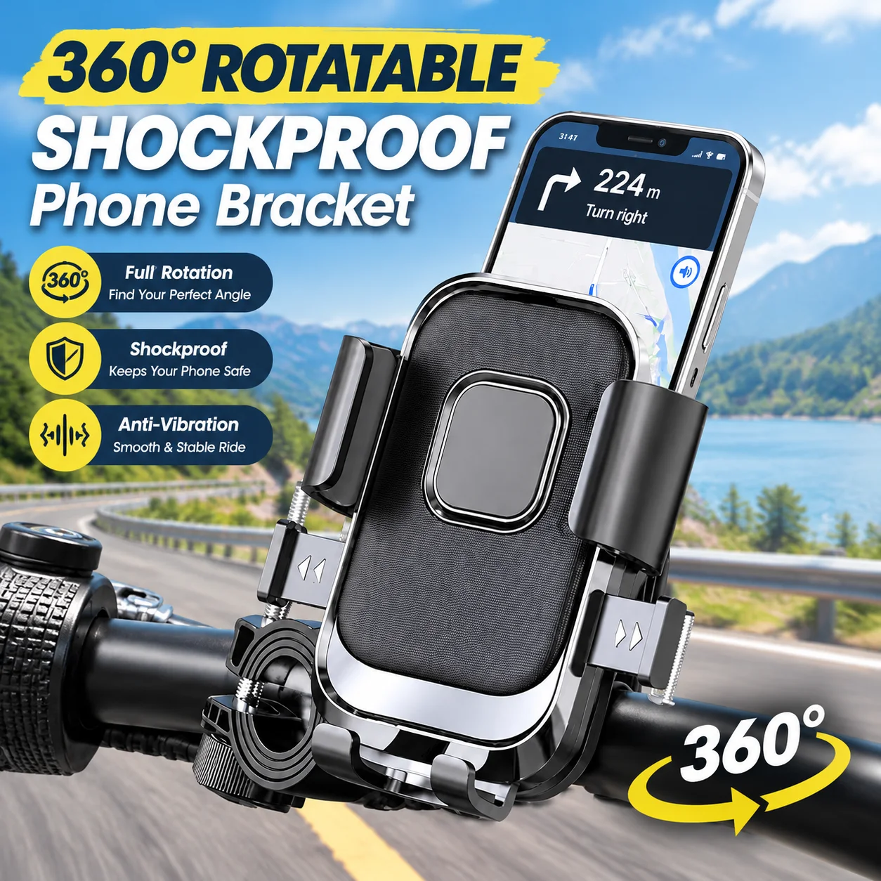 360° Rotatable Shockproof Phone Bracket, Anti-Vibration Handlebar Mount Holder for Motorcycle, Bicycle, E-Bike, Scooter