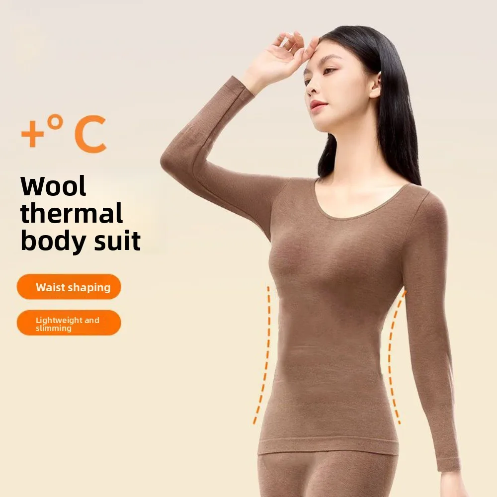 Damska bielizna termiczna: bluzka z okrągłym dekoltem, spodnie, zestaw ubrań termicznych, bielizna, jednolity kolor, ciepła, długa bielizna.