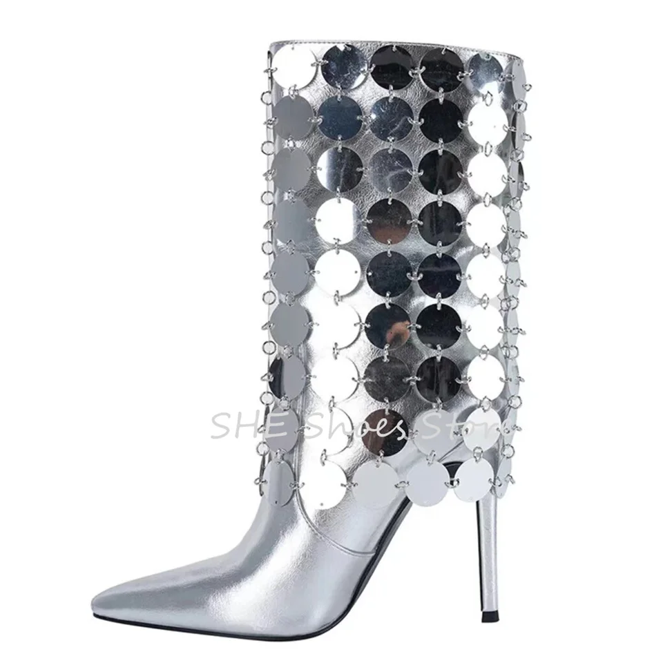 

Luxury Silver Sequin Women Mid-Calf Boots Pointed Toe Thin Heel Zip Boots Fashion Catwalk Hight Heel Shoes Ladies Dress Boots