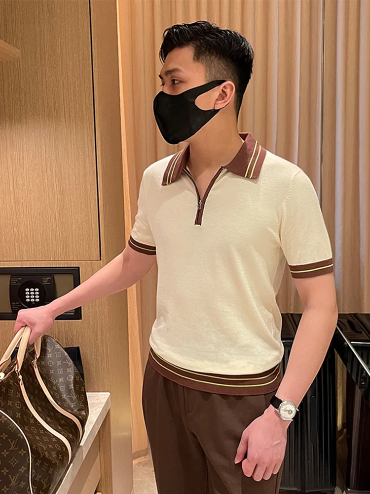 

Men's Slim Fit Knitted irt ort Sve Turn-down Collar Color Blo Summer Faionable Youth Breathable Cool Feeling