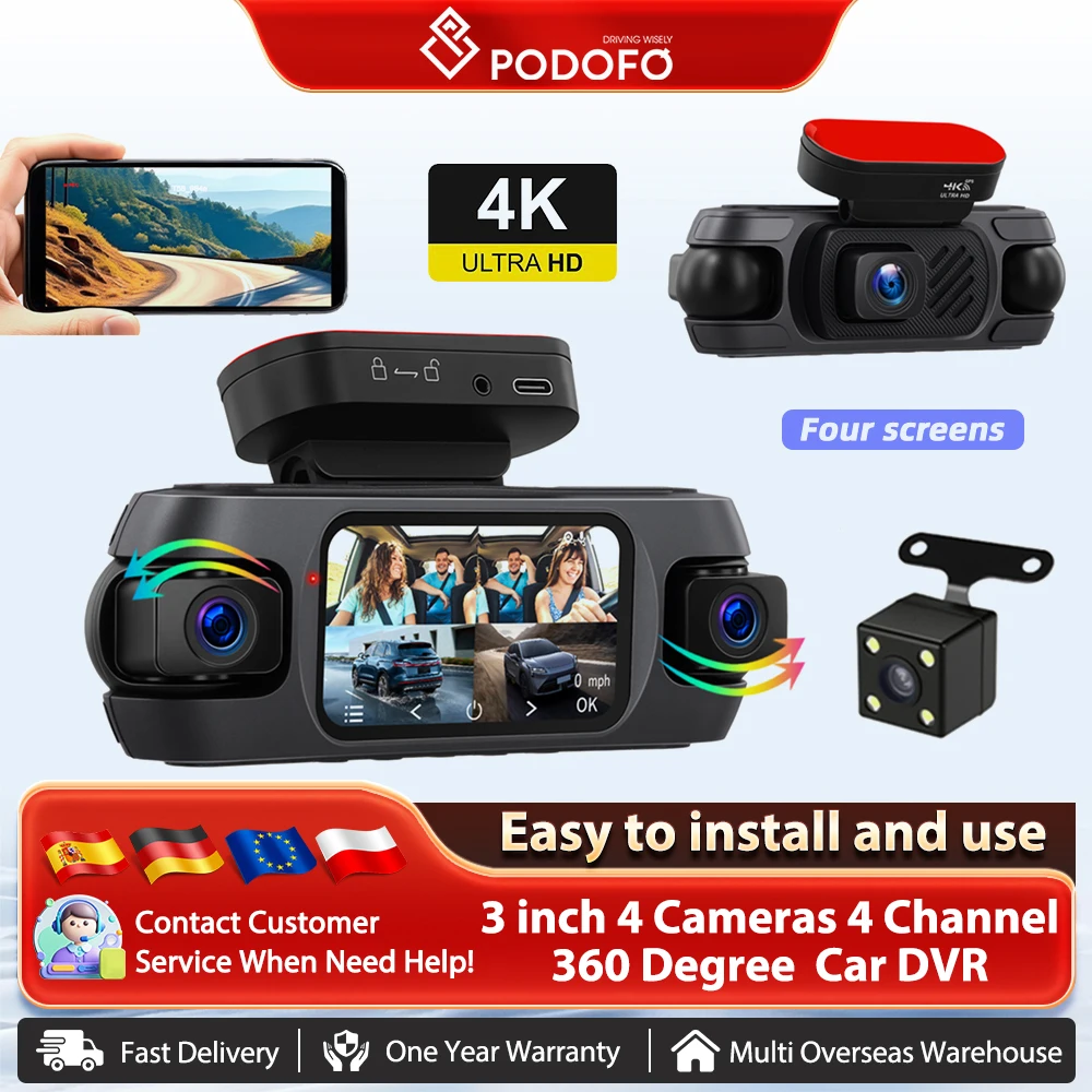 Podofo Enregistreur GPS pour Voiture Quatre Objectifs 360 °   Voiture DVR aide au stationnement inverse Vision nocturne WIFI APP contrôle moniteur de stationnement