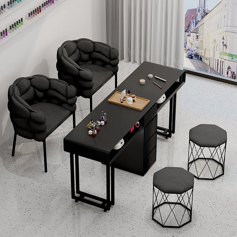 Japanese Style Genuine Leather Nail Table Chair Set With Storage For Nail Salon-Single/Double Manicure Light Luxury Design