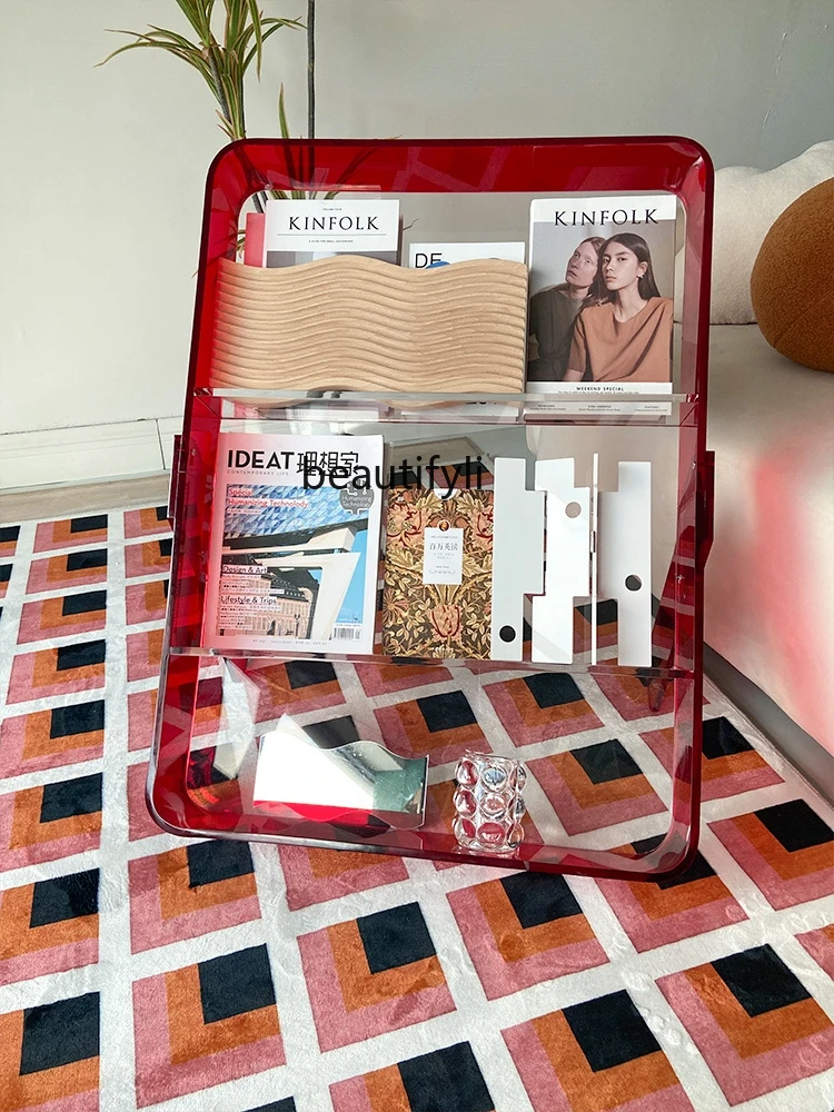 yj Acrylic Book Shelf Movable Floor Storage Rack Transparent Multi-Layer the Newspaper Stand