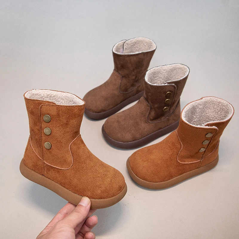 

Brown Suede Children Western Boots Round Toe Metal Buckle Winter Boys Girls Shoes Snow Botas Kids Flats Knight Botines