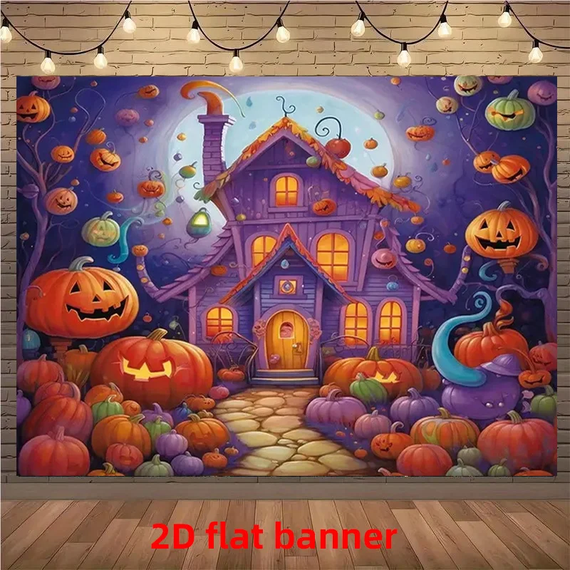 Bannière de porte plate 2D pour Halloween en polyester, motif citrouille et maison, légère, pour une ambiance festive accrue