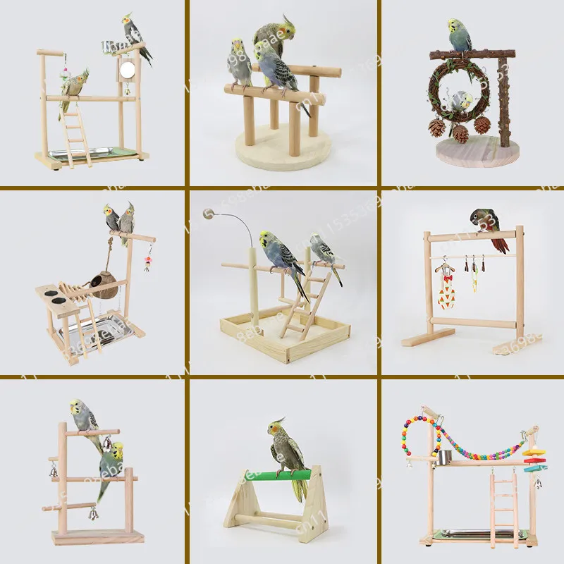 Natural Wooden Parrot Stand Play Gym, Bird Perch with Swing Ladder Ring Toys Set, Bird Activity Center Climbing Playground